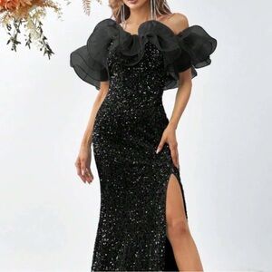 brand new never worn: sequin maxi off shoulder ruffle maxi dress